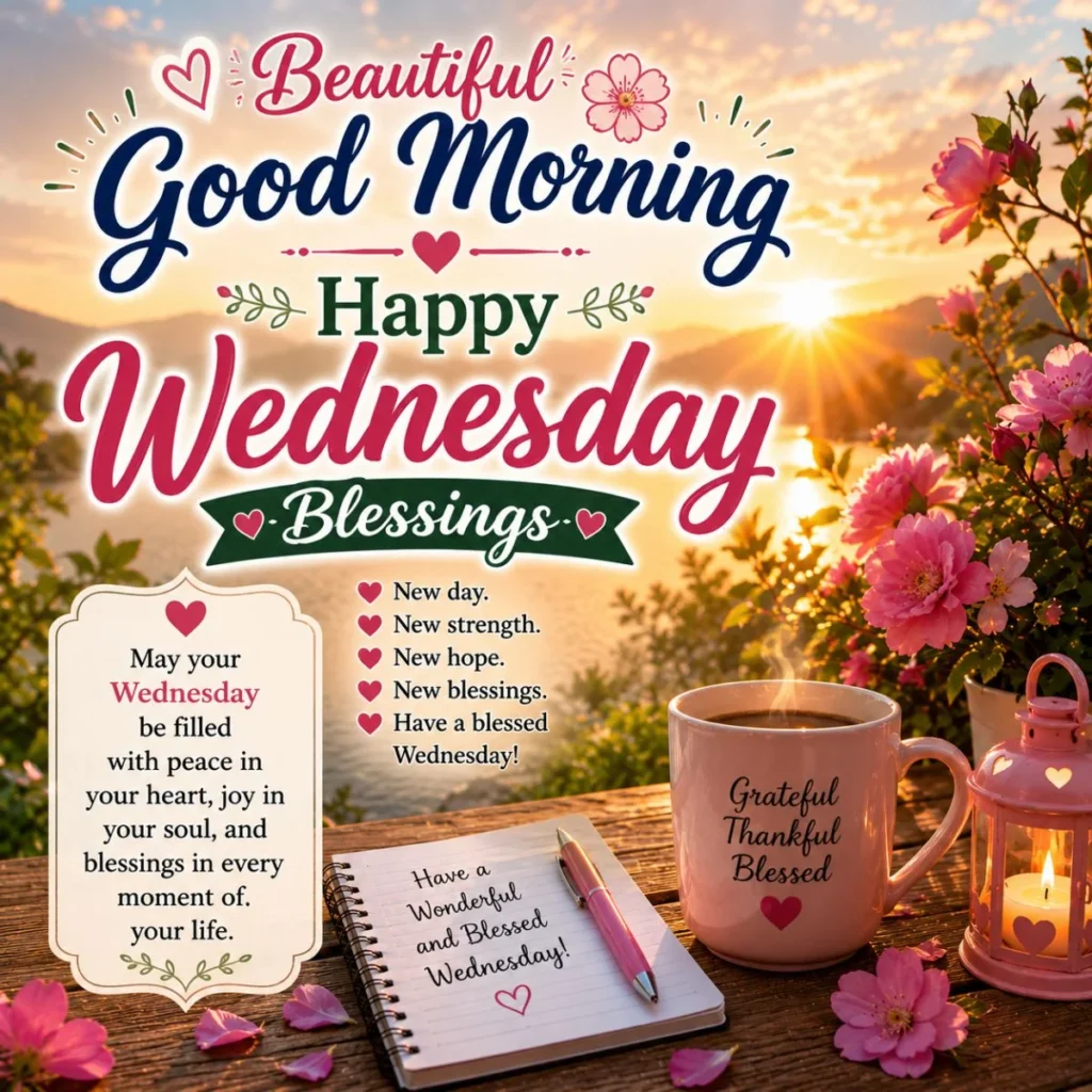 Beautiful good morning happy Wednesday blessings with sunrise, pink flowers, coffee, candle, and grateful notes