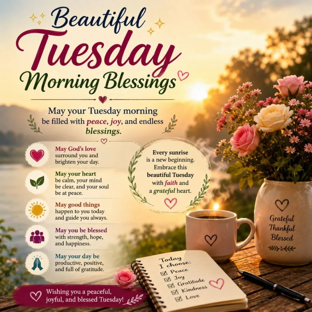 Beautiful Tuesday morning blessings with sunrise, flowers, coffee and peaceful gratitude notes