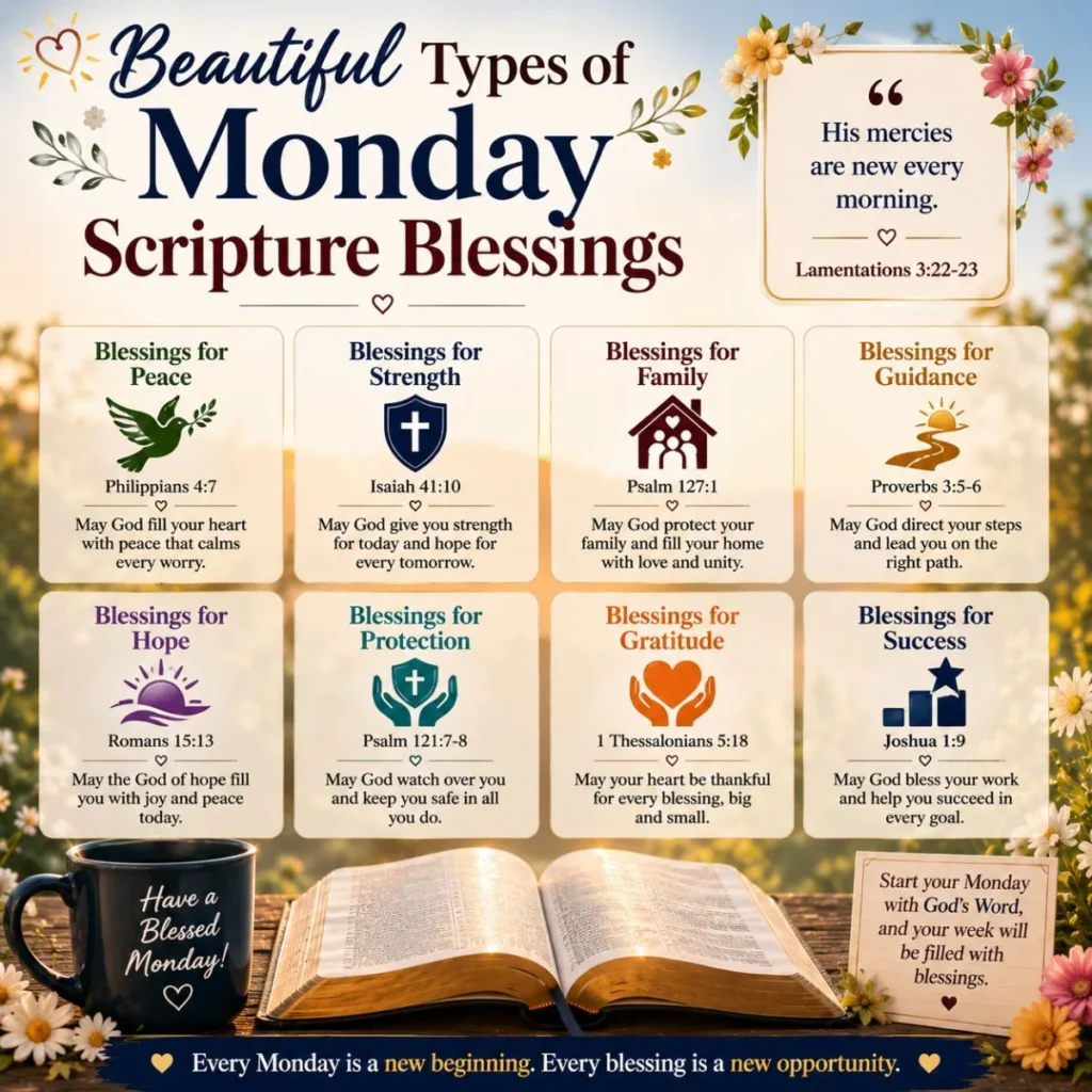 Types of Monday scripture blessings with open Bible, sunrise, coffee mug, and verses for peace and strength