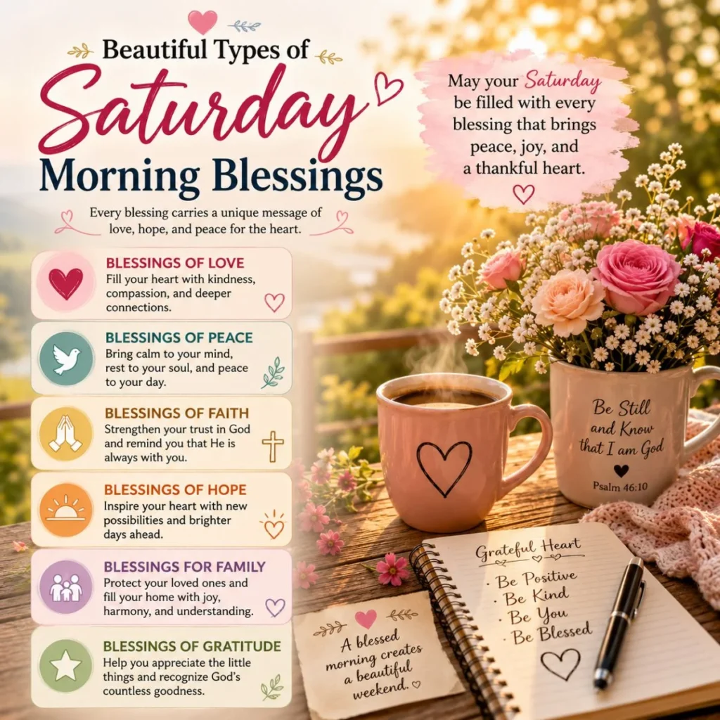 Beautiful types of Saturday morning blessings with sunrise, coffee, flowers, love, peace, faith, and gratitude
