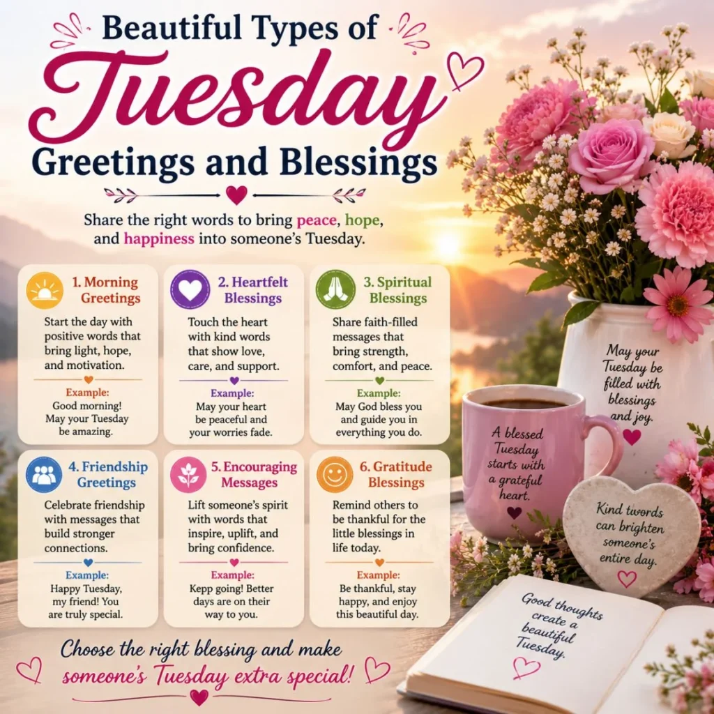 Types of Tuesday greetings and blessings with flowers, sunrise, coffee, and uplifting message cards