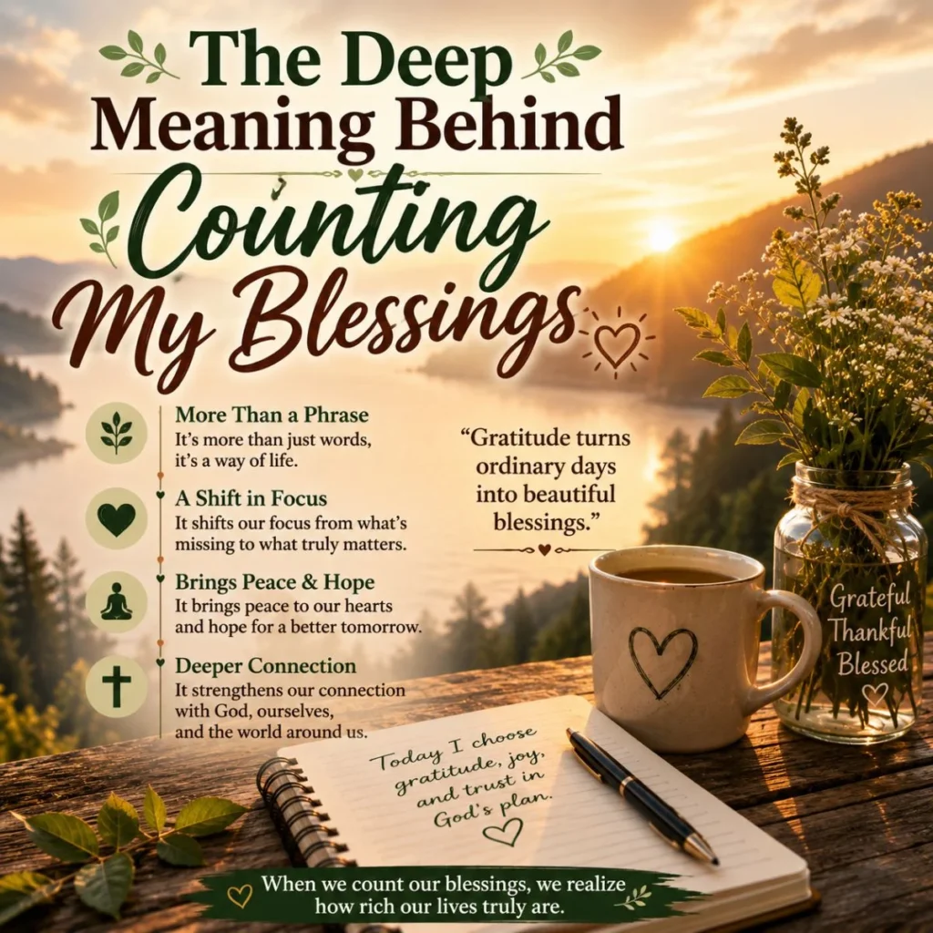 Deep meaning behind counting my blessings with sunrise, journal, mug, flowers, gratitude, faith, and inner peace