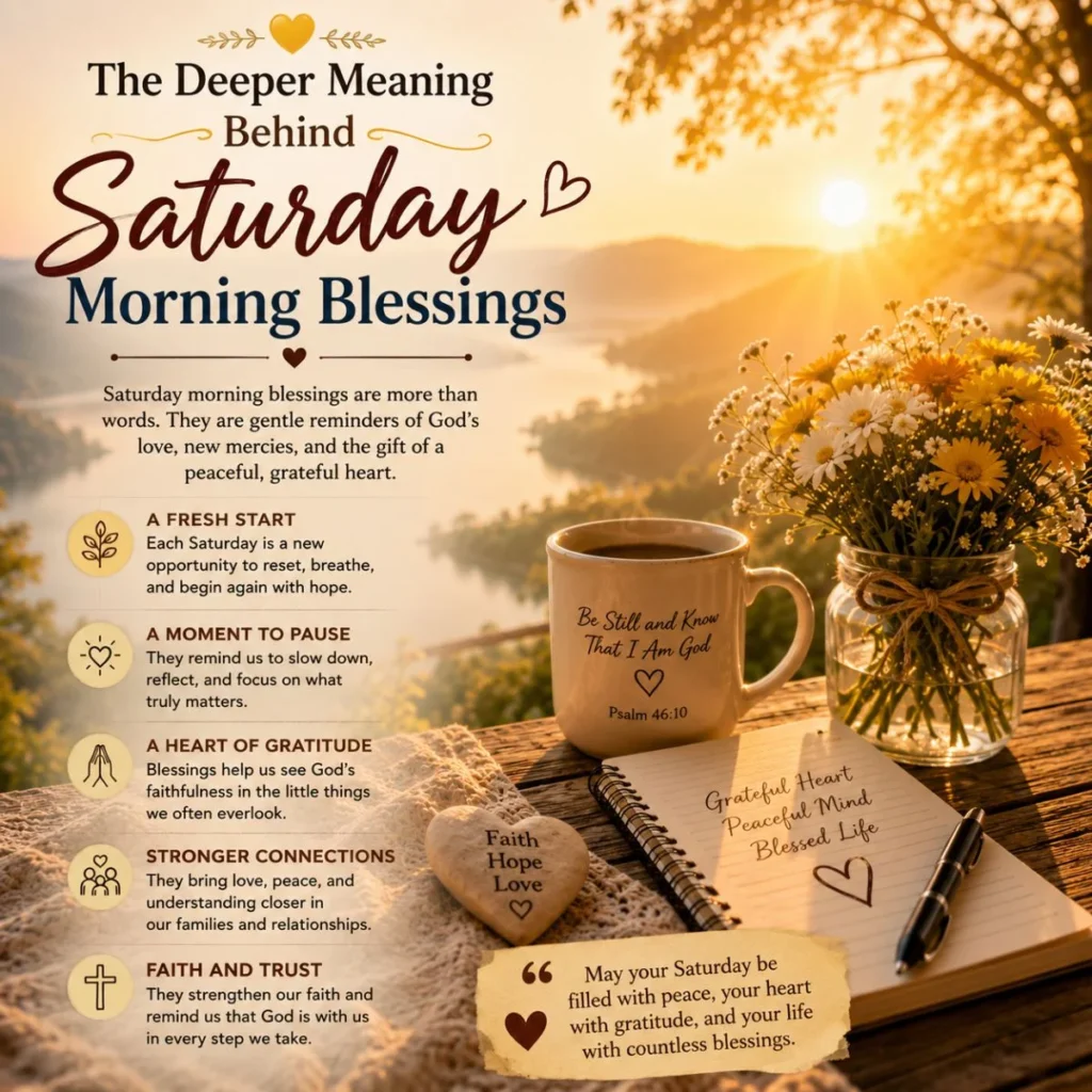 Saturday morning blessings with sunrise, flowers, coffee, gratitude, faith, and peaceful heart meaning