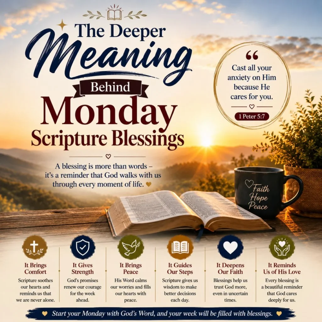 Monday scripture blessings with open Bible, sunrise, 1 Peter 5:7, and faith icons for peace and comfort