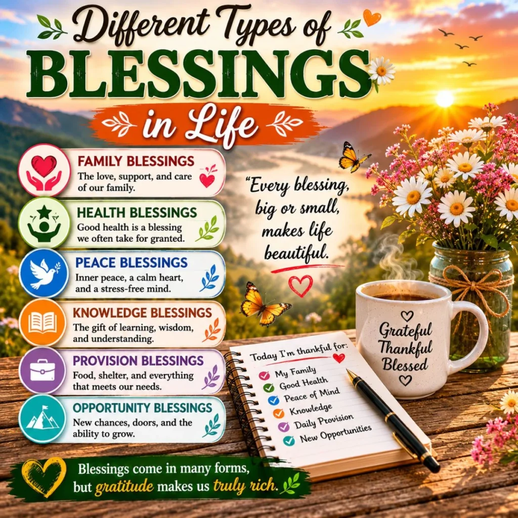 Different types of blessings in life with gratitude journal, flowers, peaceful sunrise, and warm spiritual design