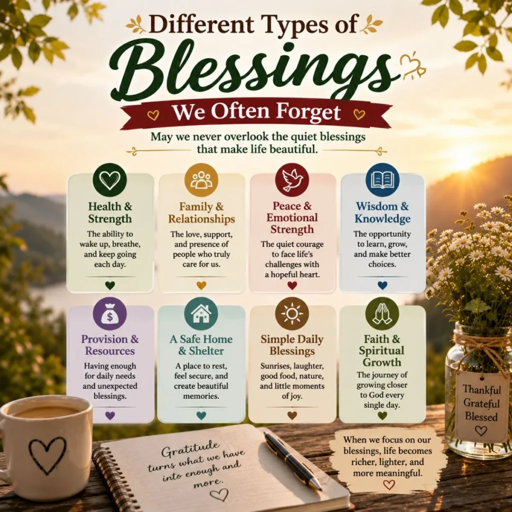 Different types of blessings we often forget, including health, family, peace, wisdom, home, faith, and daily joy