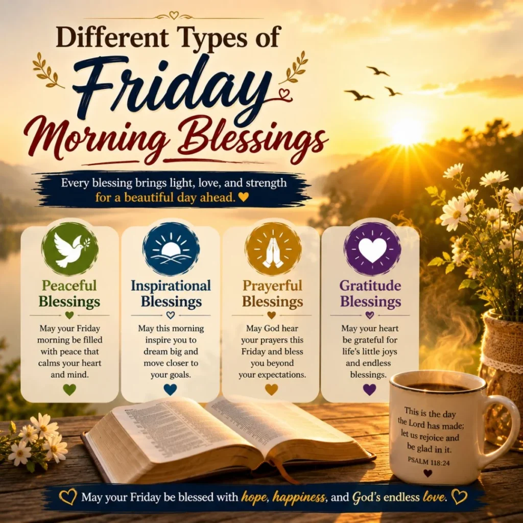 Different types of Friday morning blessings with sunrise, Bible, coffee, flowers, peace, prayer, and gratitude