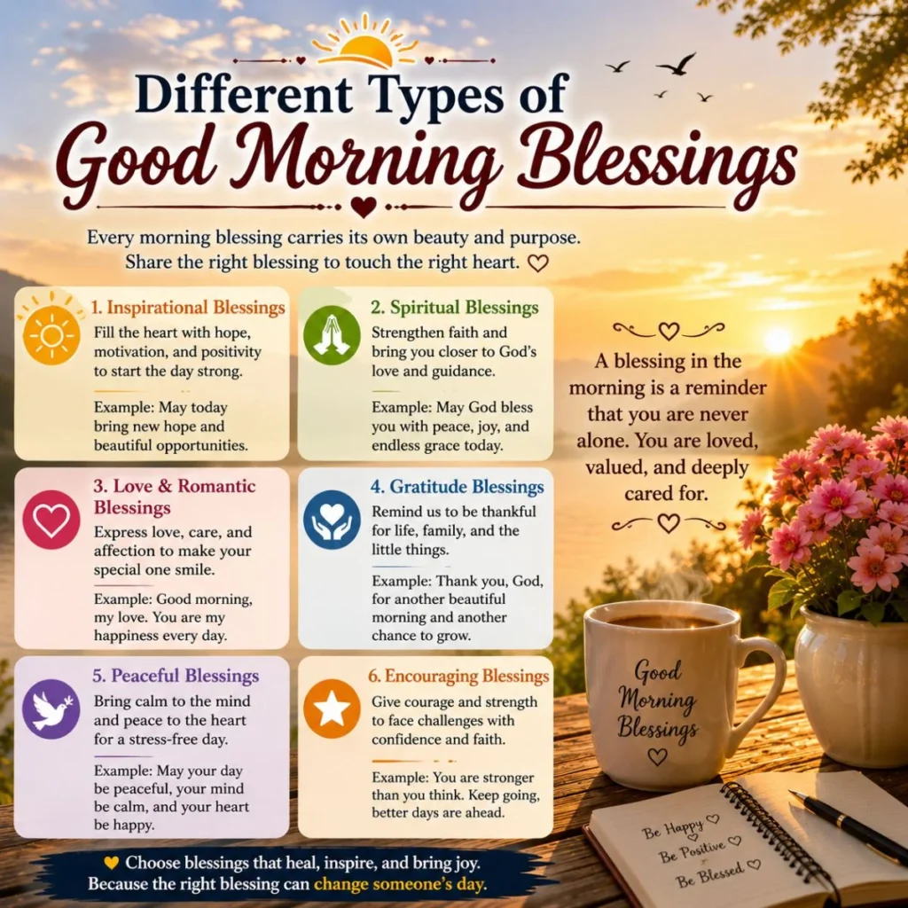 Different types of good morning blessings infographic with sunrise, coffee mug, flowers, faith, love, and peace