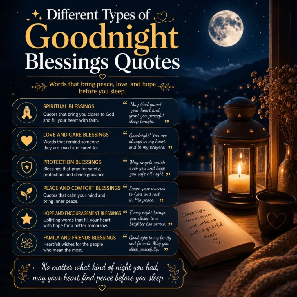 Different types of goodnight blessings quotes with moon, lantern, prayer icons, and peaceful night scene