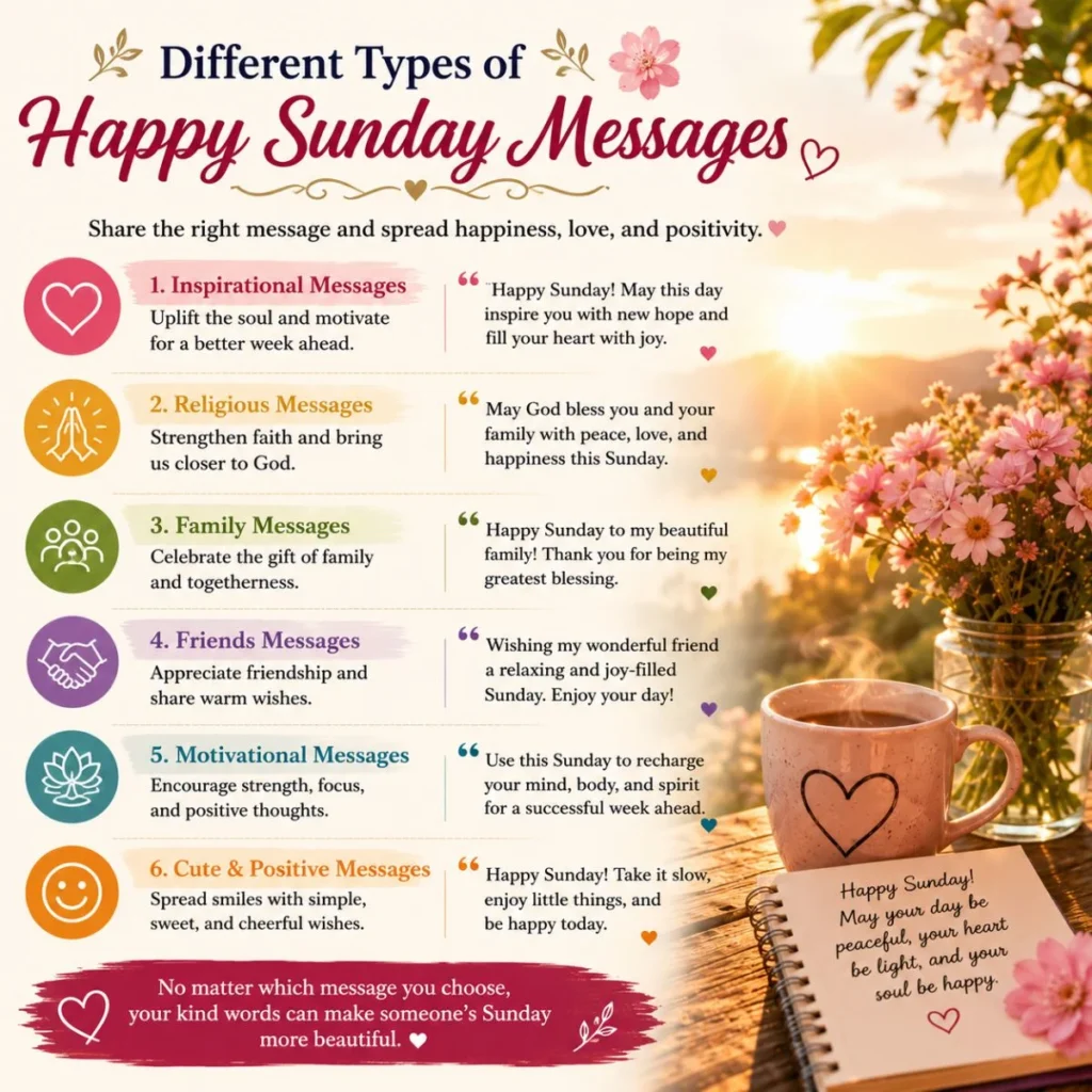 Different types of happy Sunday messages infographic with flowers, coffee cup, and inspirational blessing ideas