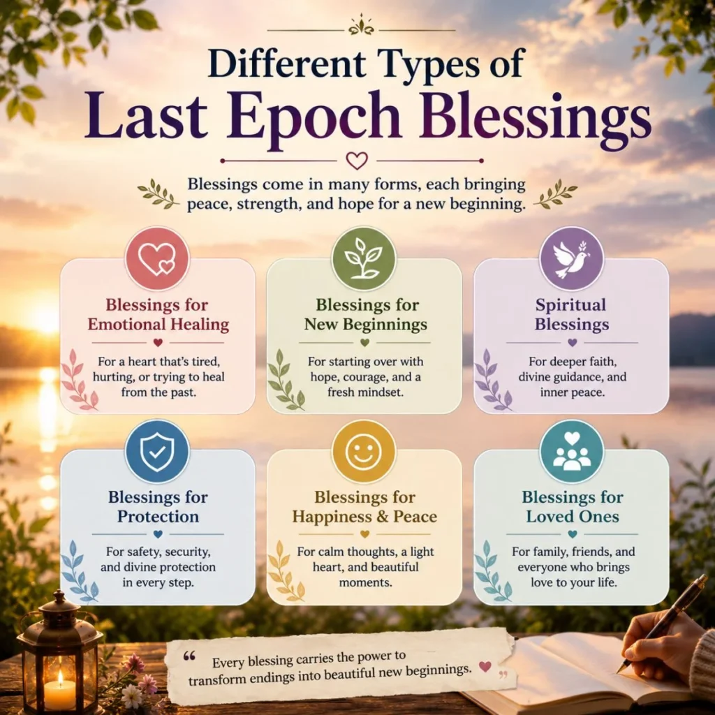 Different types of last epoch blessings with healing, peace, protection, and new beginnings