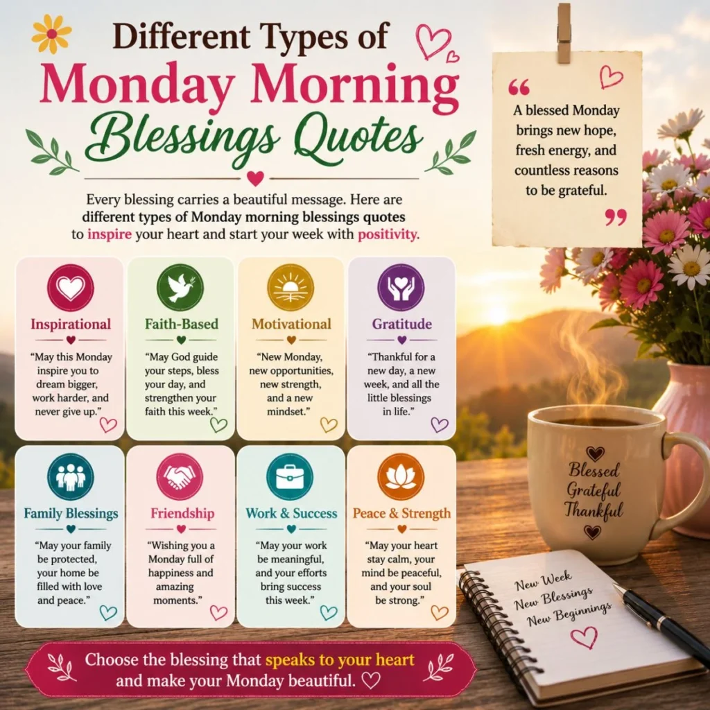 Different types of Monday morning blessings quotes with sunrise, coffee, flowers and gratitude cards