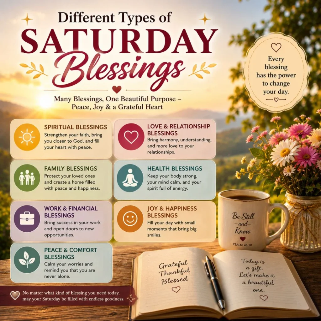 Different types of Saturday blessings image with sunrise, flowers, coffee, journal, peace, family, and joy