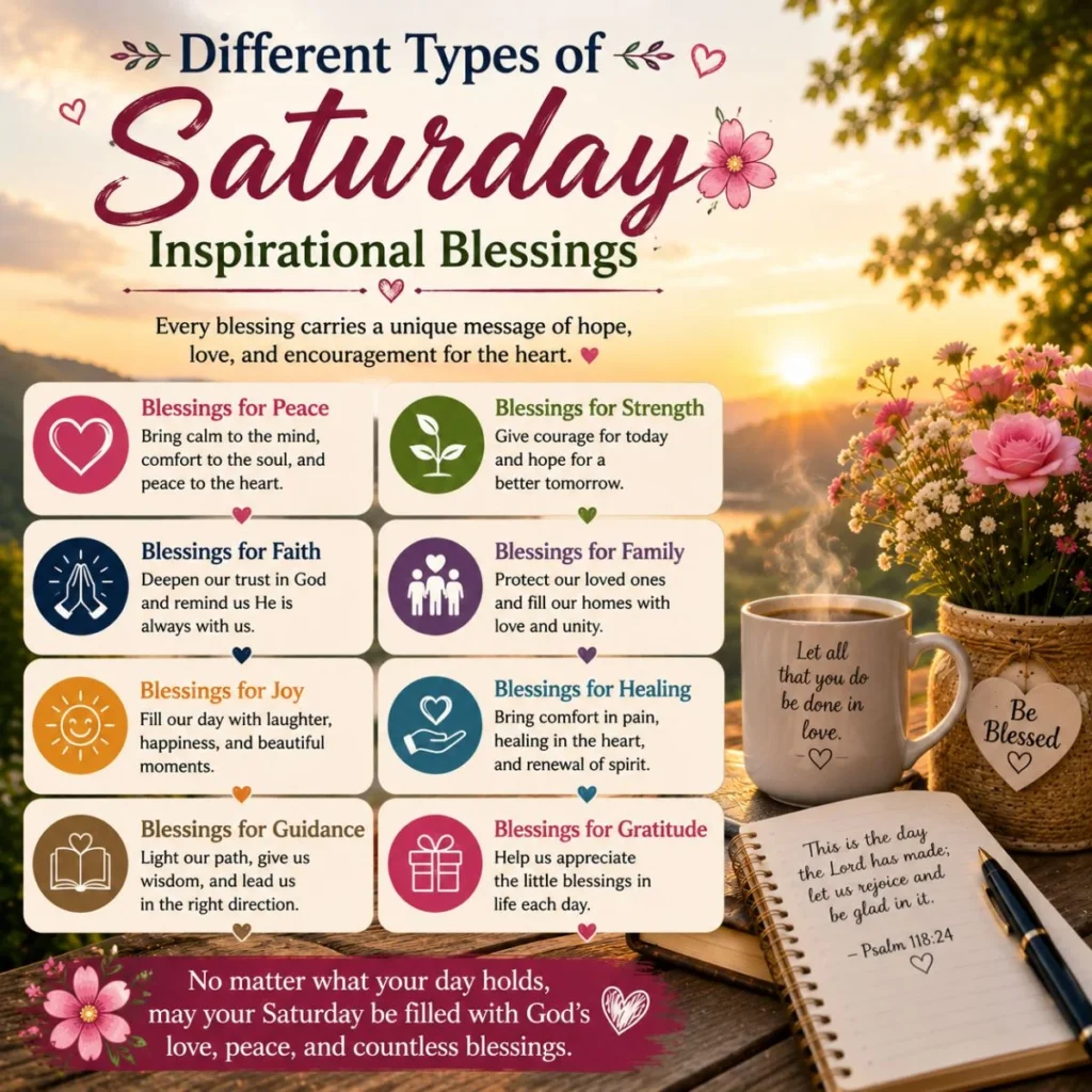 Different types of Saturday inspirational blessings for peace, faith, family, joy, healing, and gratitude