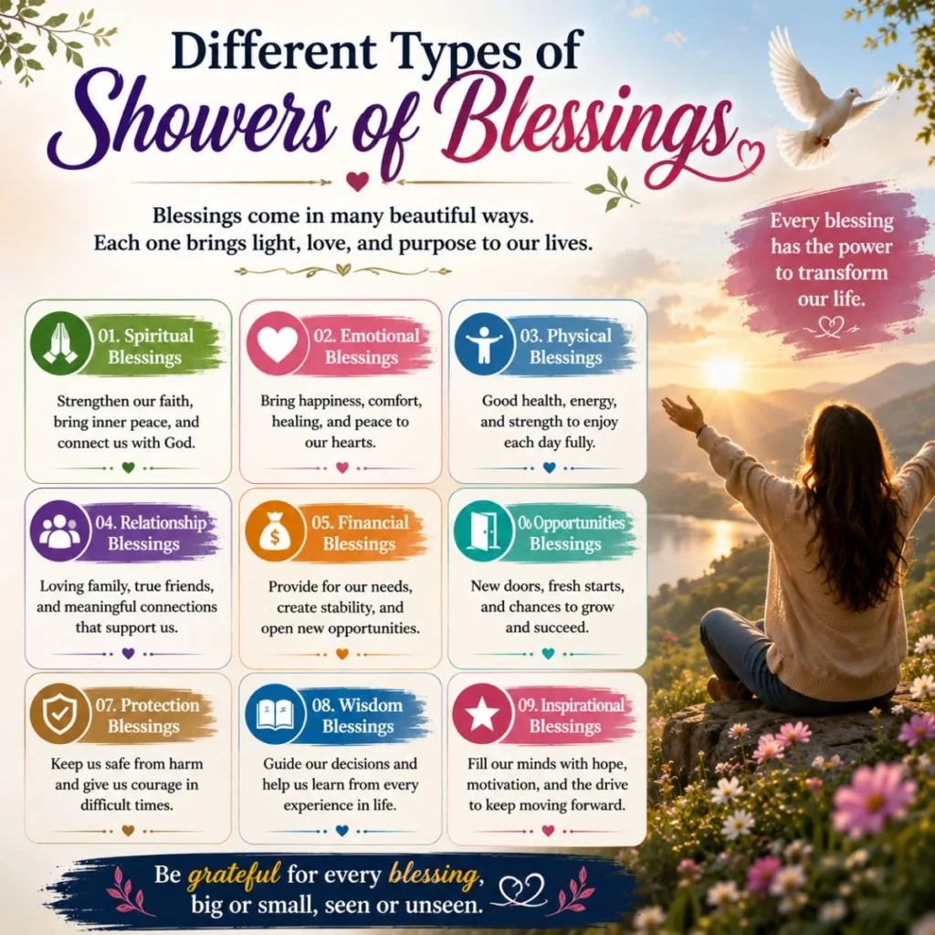Different types of showers of blessings infographic with faith, healing, family, wisdom, and hope