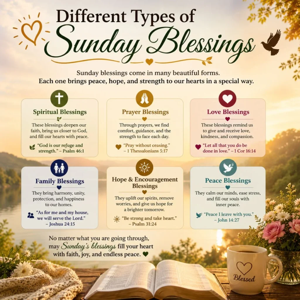 Different types of Sunday blessings infographic with Bible, sunrise, flowers, prayer, family, hope, and peace