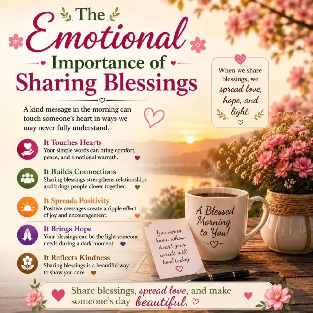 Emotional importance of sharing blessings with sunrise, coffee, flowers, hearts, and messages of hope
