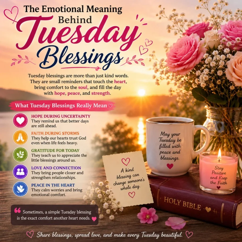 Tuesday blessings image with sunrise, flowers, Bible, candle, and emotional faith message