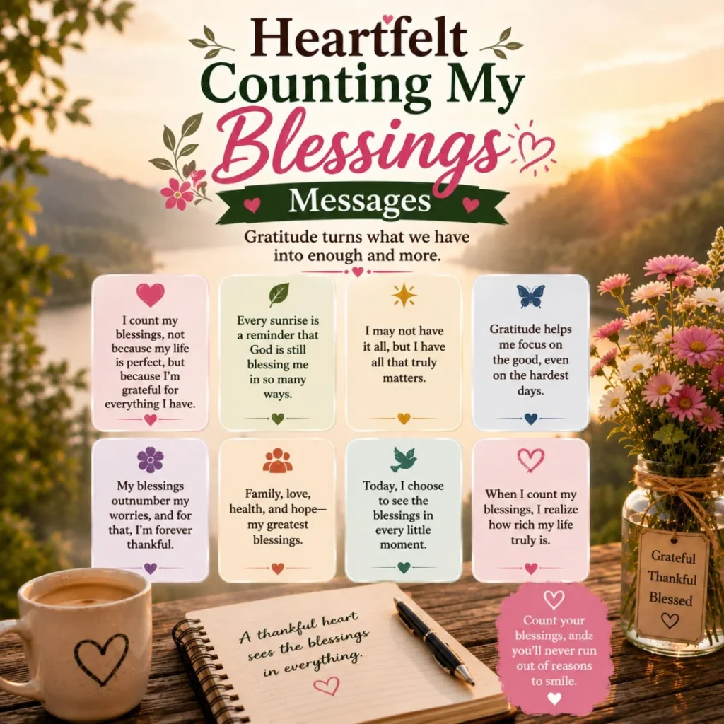 Heartfelt counting my blessings messages with sunrise, flowers, journal, mug, gratitude quotes, and peaceful lake view