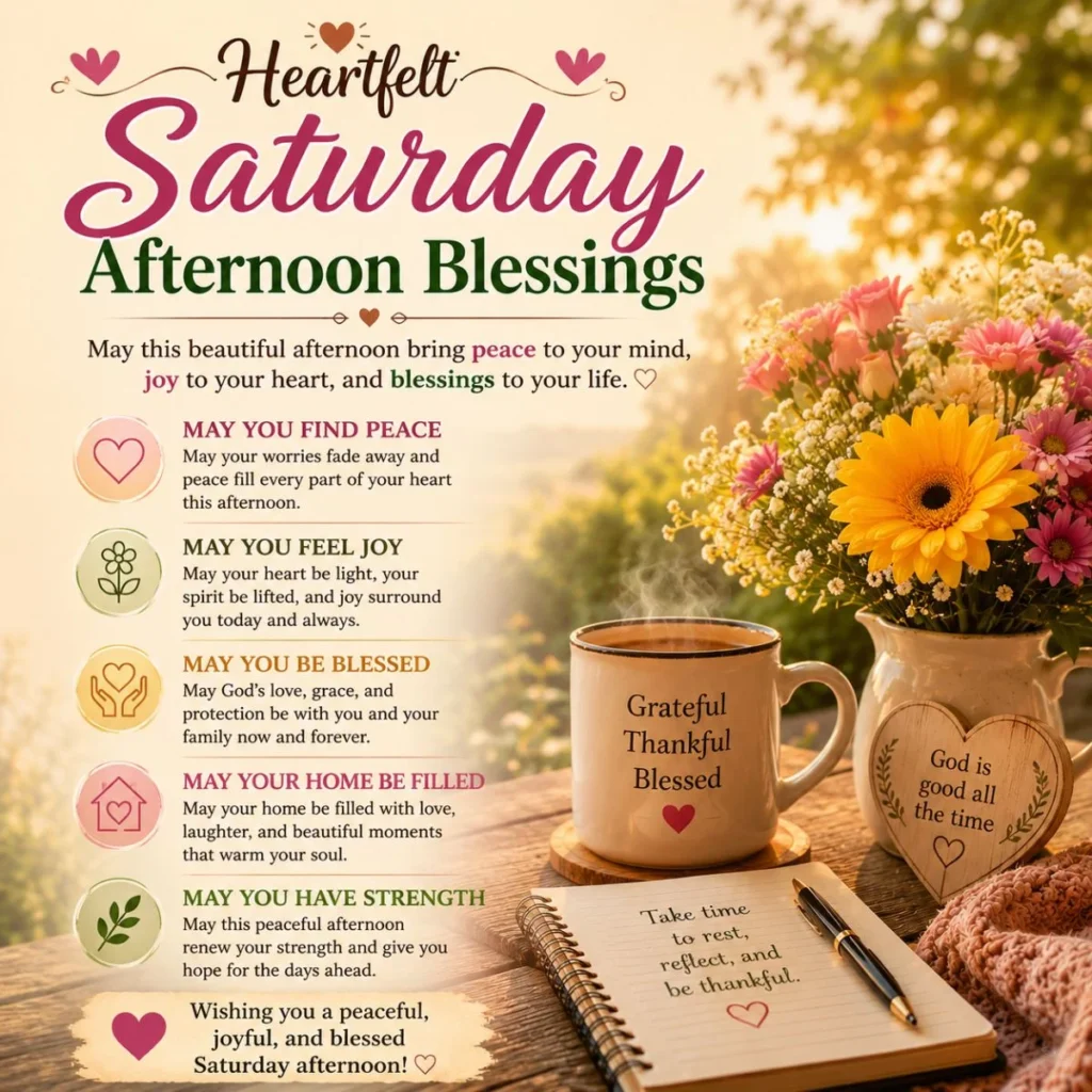 Heartfelt Saturday afternoon blessings with flowers, coffee, peace, joy, and gratitude