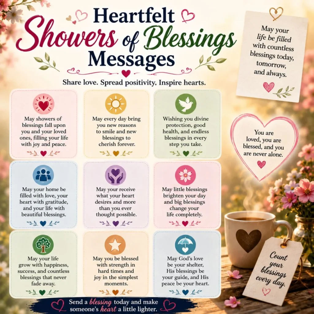 Heartfelt showers of blessings messages with flowers, hearts, gratitude, love, and peaceful prayer cards