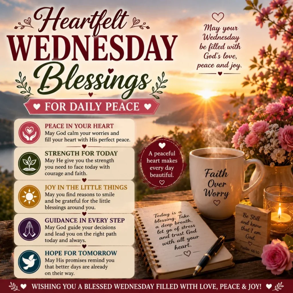 Heartfelt Wednesday blessings image with sunrise, faith mug, flowers, candle, and daily peace prayers