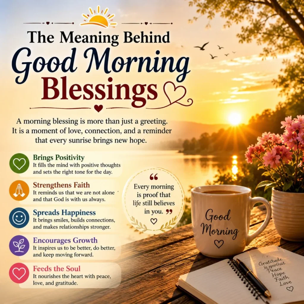 Good morning blessings meaning infographic with sunrise, coffee mug, flowers, faith, peace, and positivity