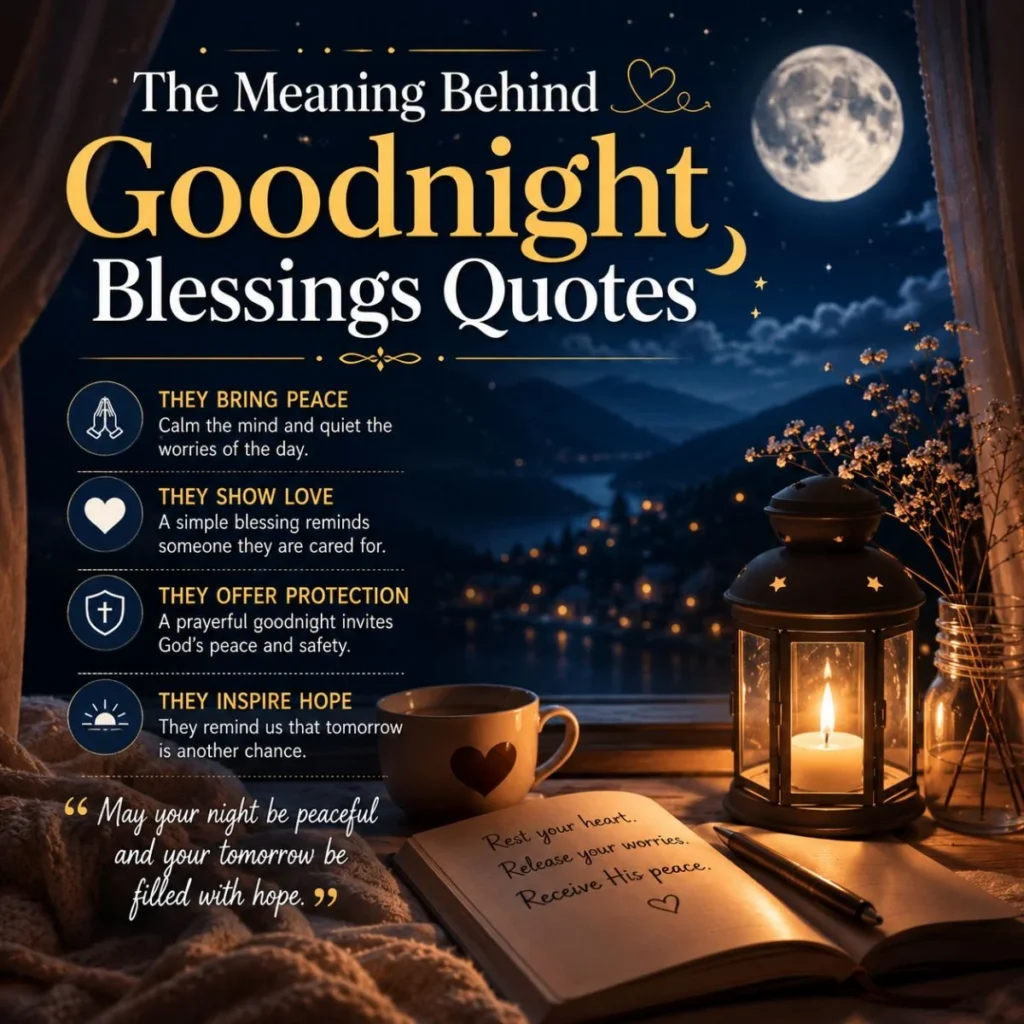 Goodnight blessings quotes with moon, lantern, prayer icons, and peaceful bedtime message