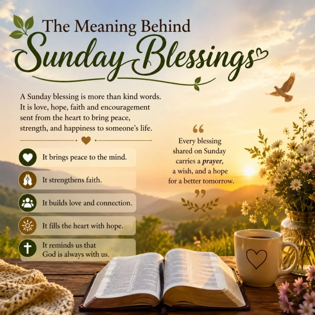 Sunday blessings meaning image with sunrise, Bible, flowers, prayer icons, and peaceful faith message