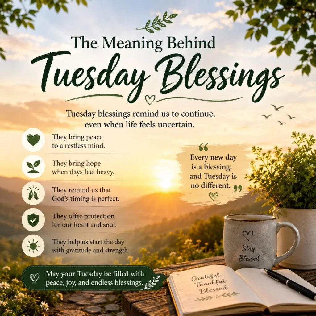 Meaning behind Tuesday blessings with sunrise, peaceful nature, prayer notes and gratitude message