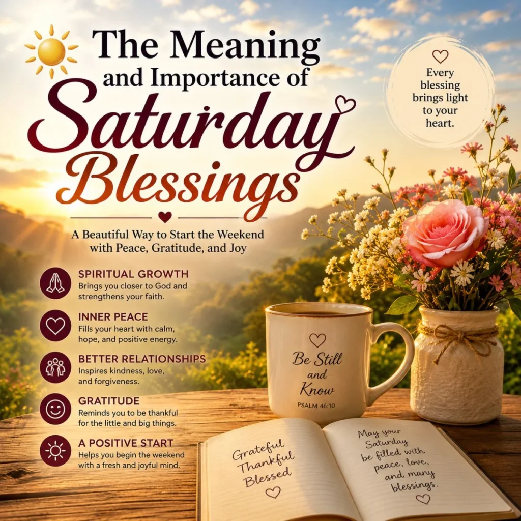 Saturday blessings meaning image with sunrise, flowers, coffee, journal, gratitude, peace, and spiritual growth