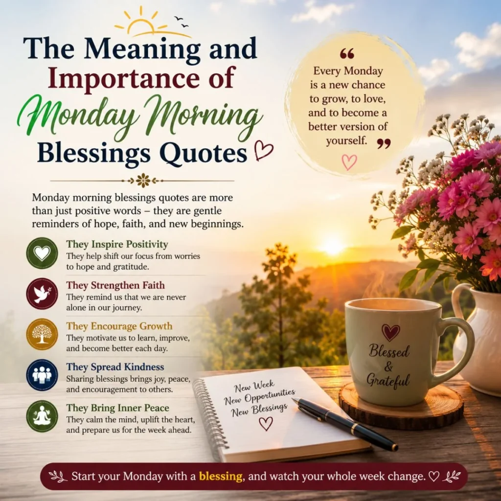 Monday morning blessings quotes infographic with sunrise, coffee, flowers, faith and gratitude