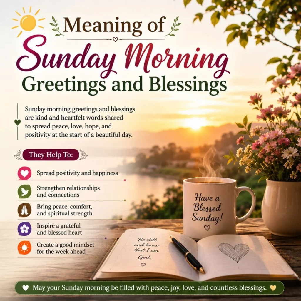Meaning of Sunday morning greetings and blessings with sunrise, coffee, journal, flowers, and peaceful prayer notes