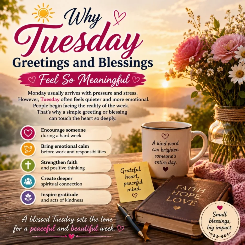 Tuesday greetings and blessings image with sunrise, flowers, coffee, and faith-filled peaceful message
