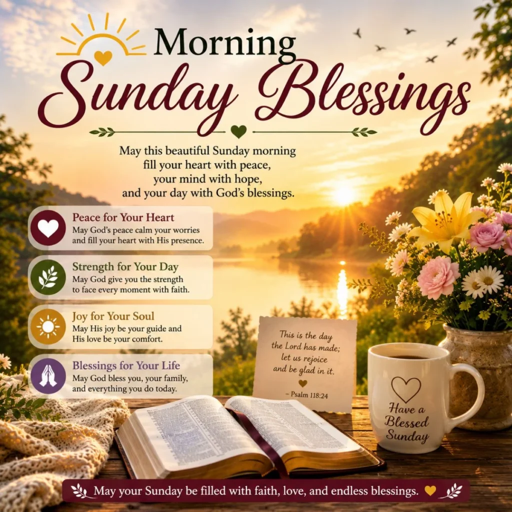 Morning Sunday blessings image with sunrise, Bible, flowers, coffee mug, and peaceful Psalm 118:24 message