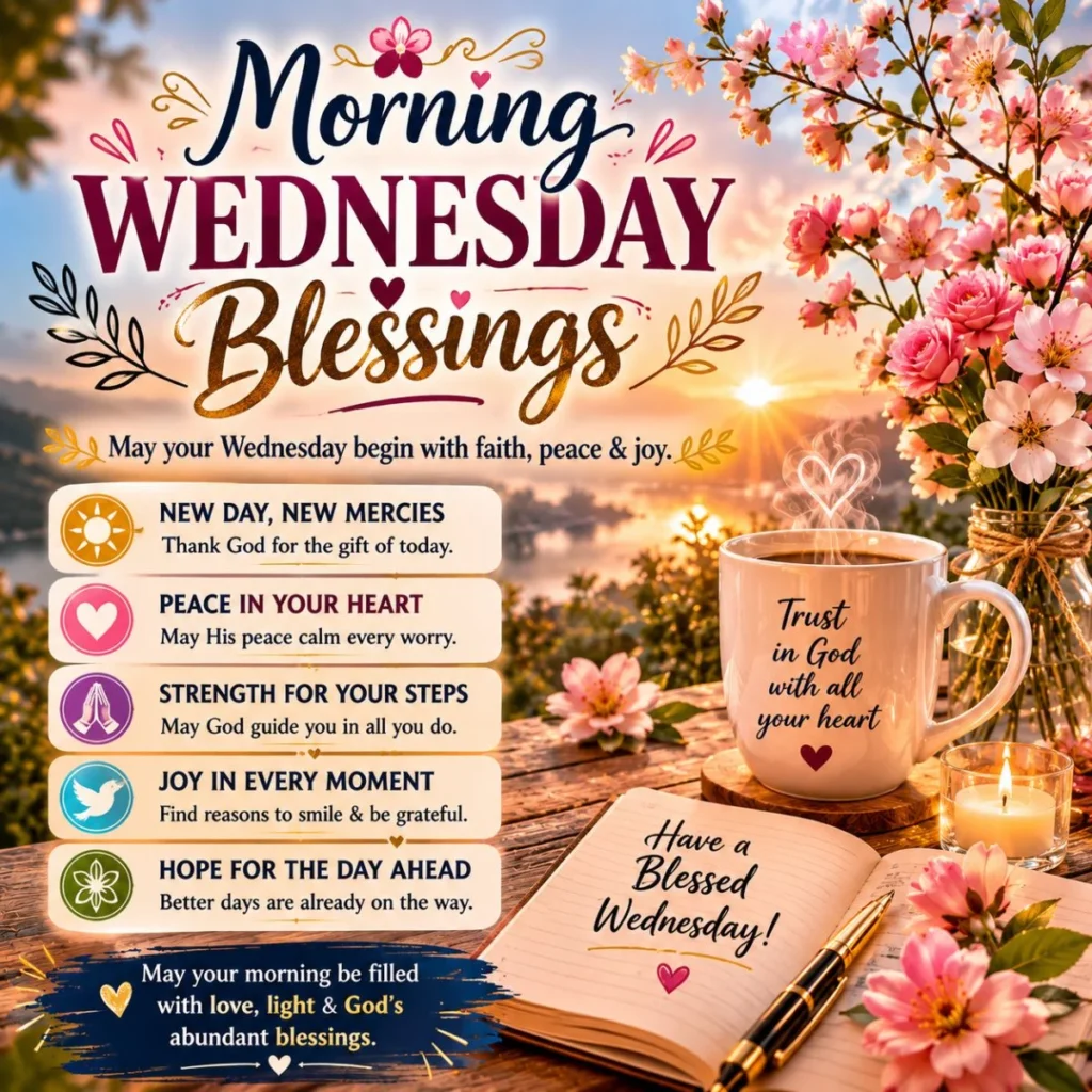 Morning Wednesday blessings image with sunrise, flowers, faith mug, and peaceful inspirational messages