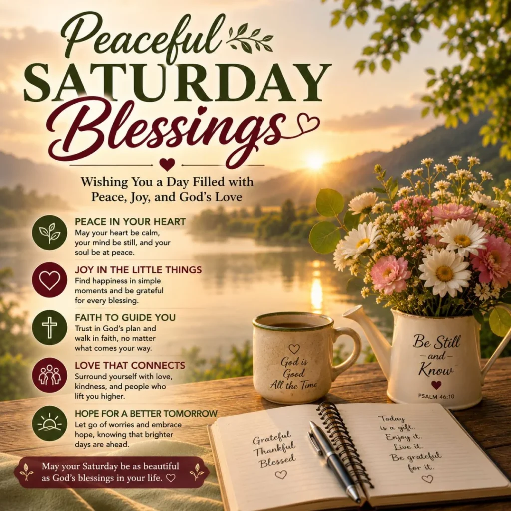 Peaceful Saturday blessings image with sunrise lake, flowers, coffee, journal, faith, hope, and joy