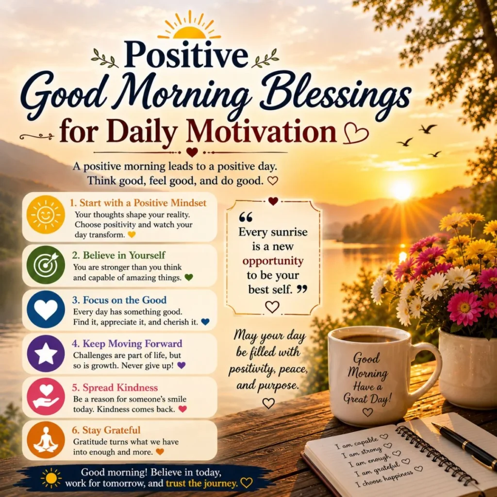 Positive good morning blessings infographic with sunrise, coffee, flowers, and daily motivation tips