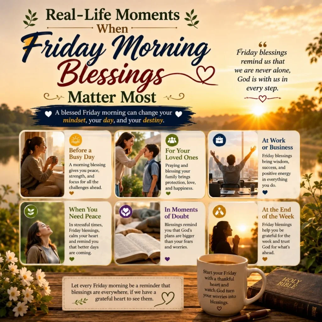Friday morning blessings infographic with sunrise, prayer, Bible, coffee, work, peace, family, and gratitude moments