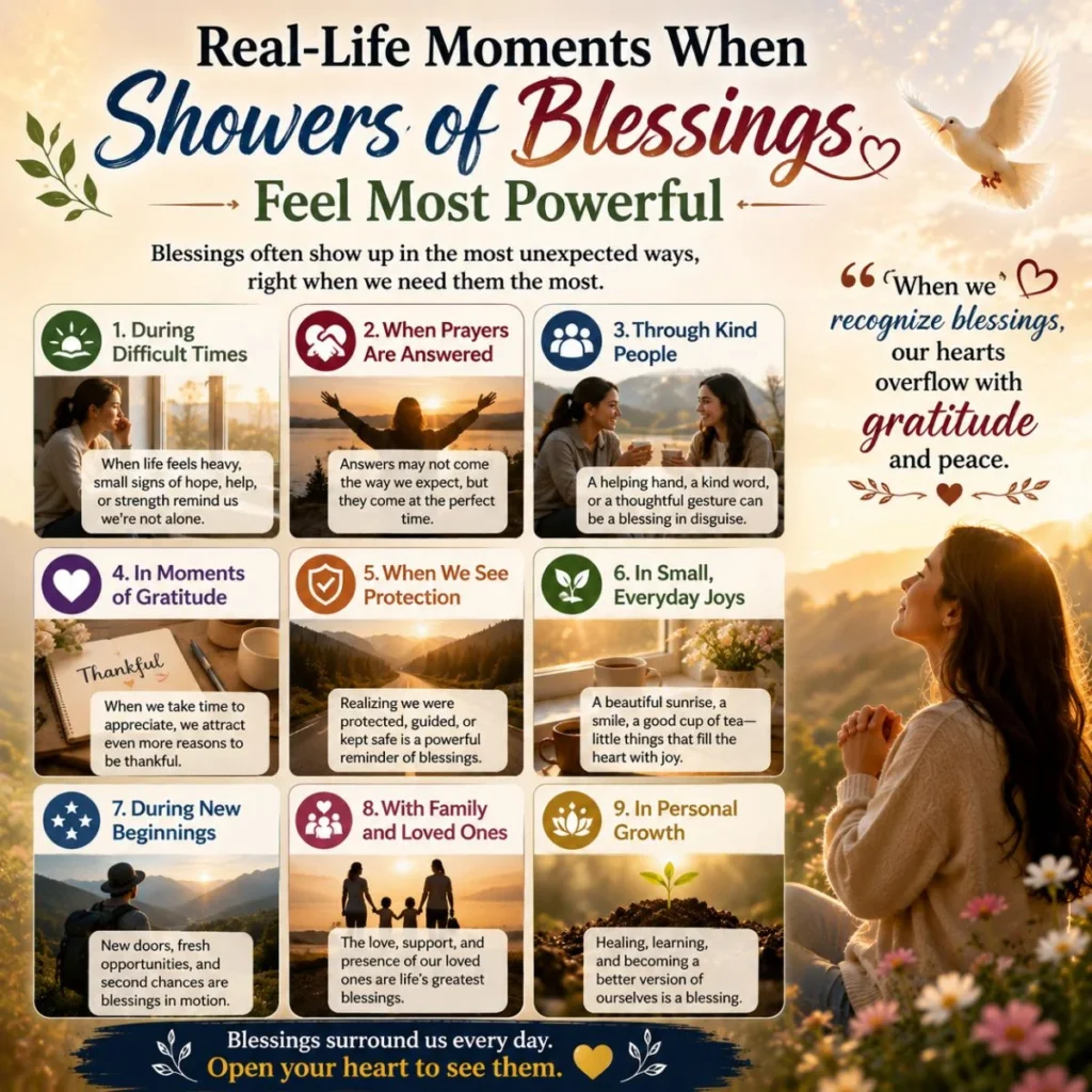Real-life showers of blessings infographic with gratitude, answered prayers, family love, and personal growth