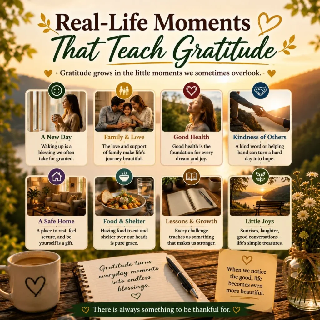 Real-life moments that teach gratitude, including family, health, kindness, home, food, growth, and little joys