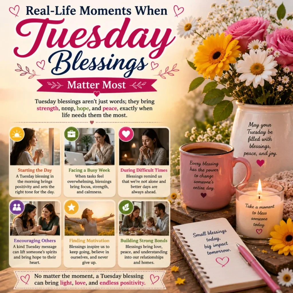 Tuesday blessings infographic with flowers, coffee, candle, and real-life moments of hope and peace