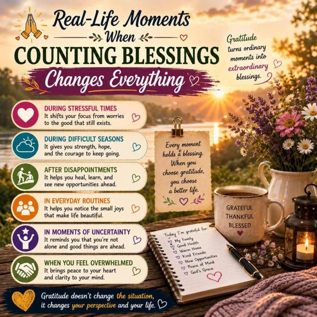 Real-life moments when counting blessings changes everything with gratitude journal, coffee mug, flowers, and sunset