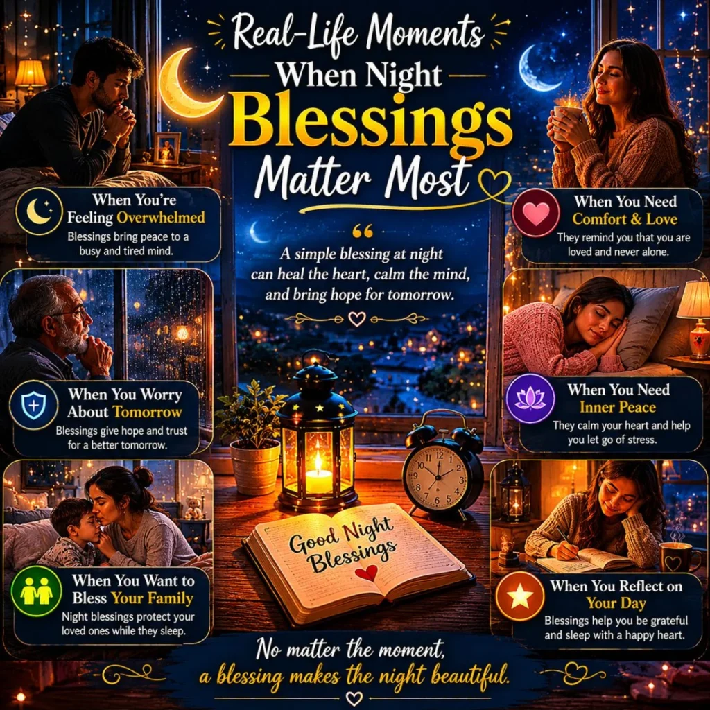 Night blessings infographic with moon, lantern, journal, and peaceful bedtime prayer moments
