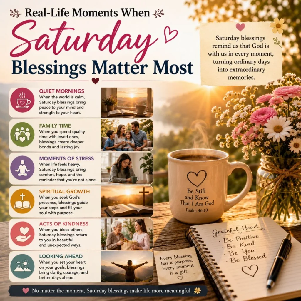 Real-life Saturday morning blessings with sunrise, coffee, flowers, family, faith, kindness, and peaceful moments