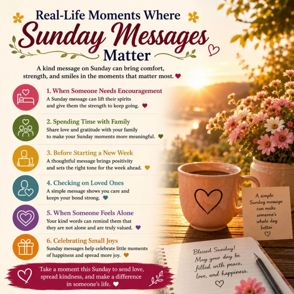 Real-life moments where Sunday messages matter with sunrise, flowers, coffee mug, and heartfelt blessing notes