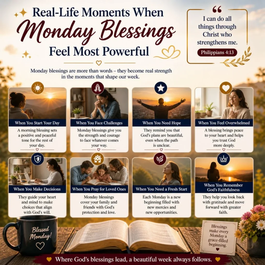 Monday blessings with Bible, sunrise, coffee mug, and real-life faith moments for hope, peace, and strength