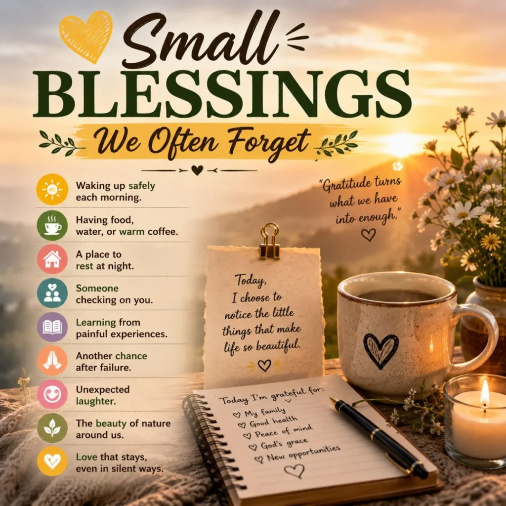 Small blessings we often forget with gratitude journal, coffee cup, candle, and peaceful sunrise background