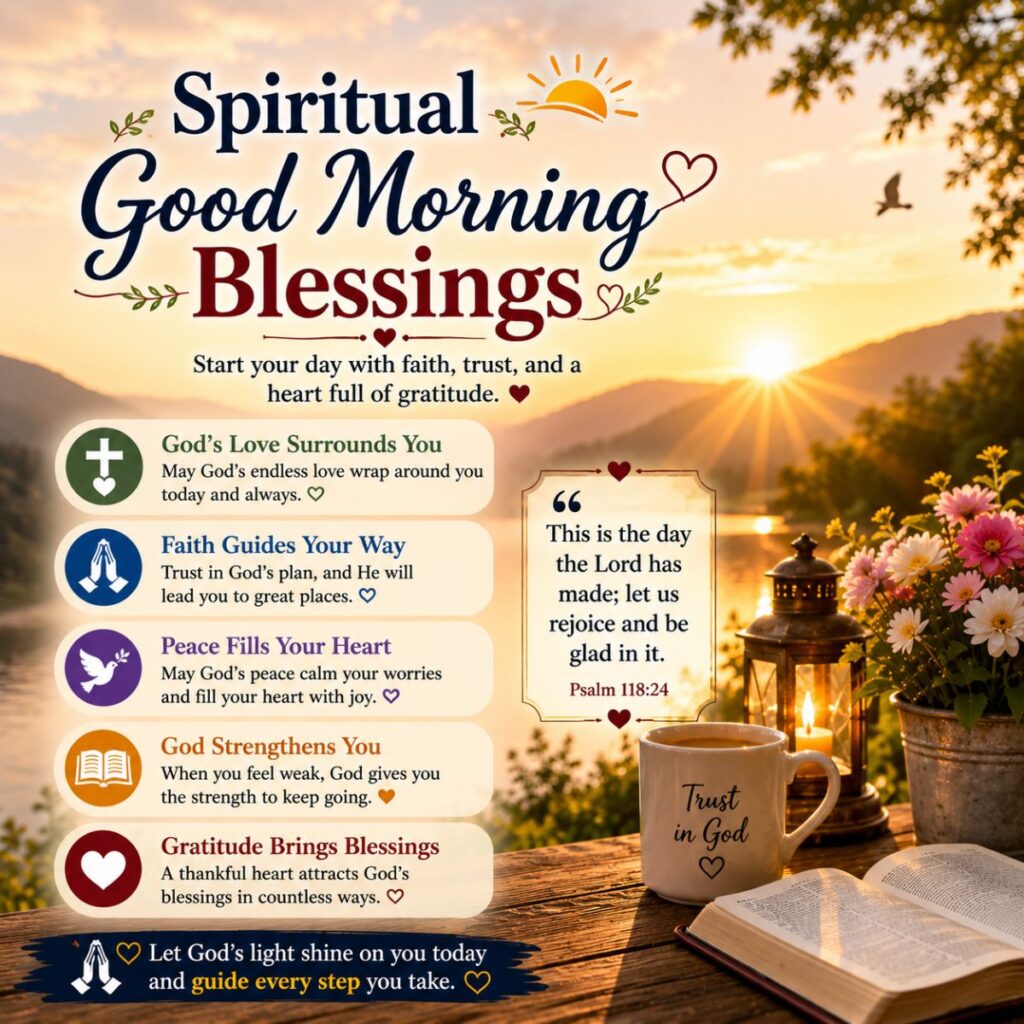 Spiritual good morning blessings image with sunrise, Bible, coffee mug, flowers, prayer, faith, and peace