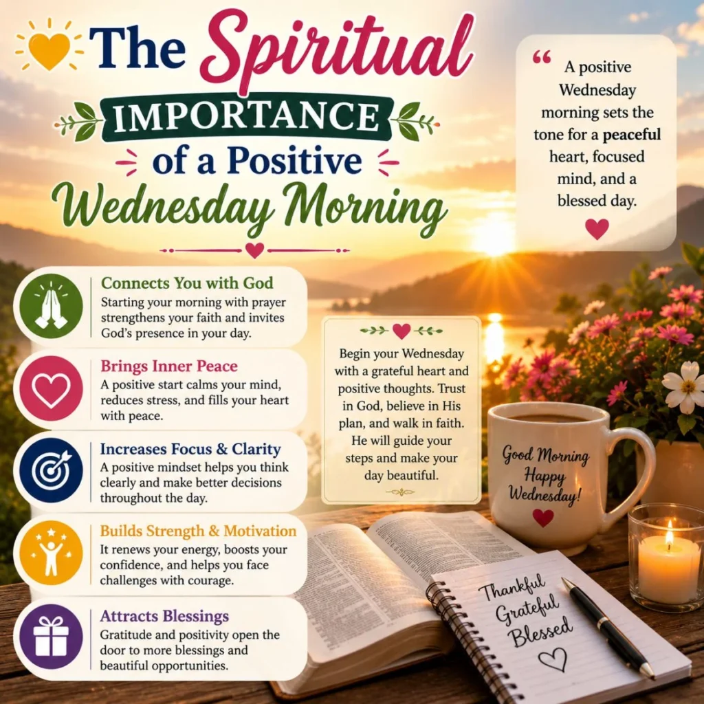 Positive Wednesday morning blessings with sunrise, Bible, coffee, candle, flowers, and spiritual gratitude notes
